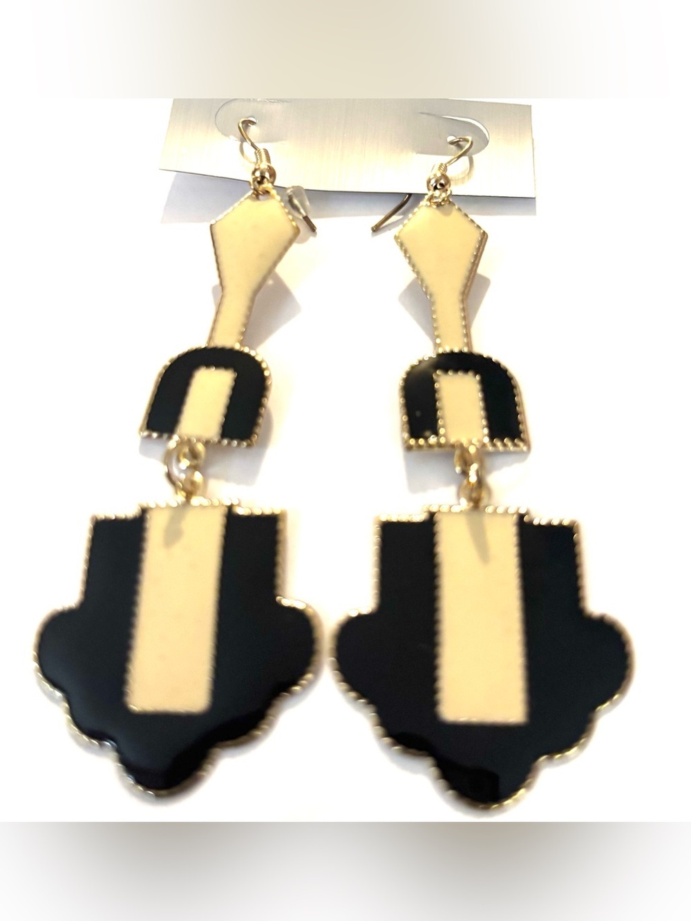 Fashion Jewelry Gold-Tone Black and Cream Geometric Drop Earrings